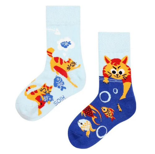Naughty Kitty Odd Paired Kids Crazy Socks - Crazy Sock Thursdays